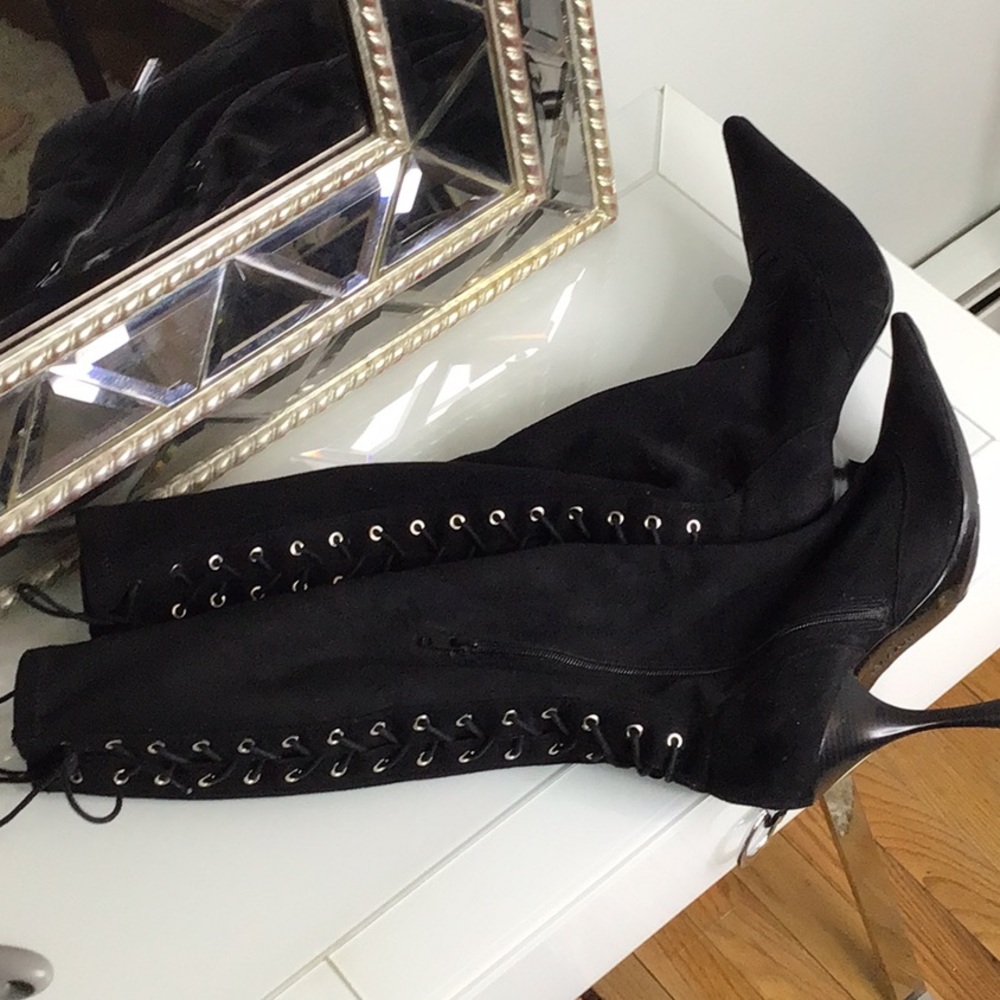 BCBG Black Lace Up Boots with Stiletto Heel
